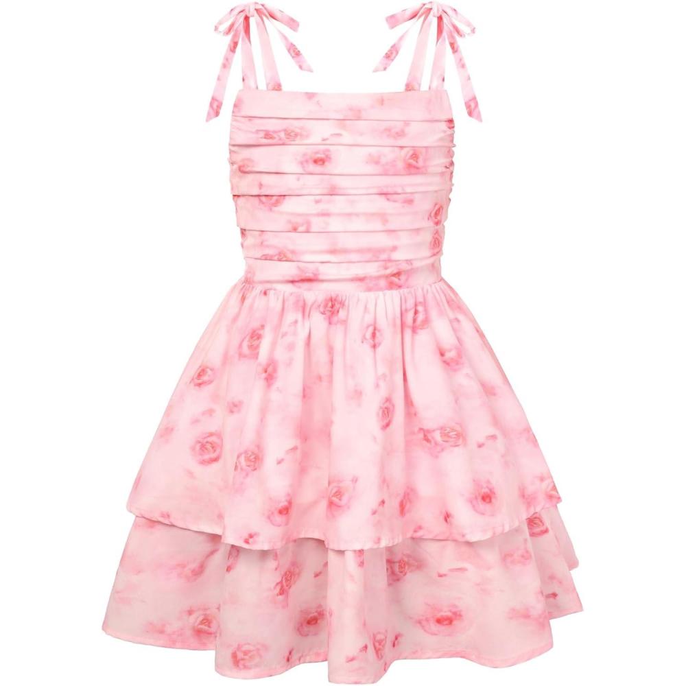 imageGRACE KARIN Girls Floral Smocked Dress Summer Layered Tie Shoulder Bowknot Flowy Dresses for 714 YearsPink