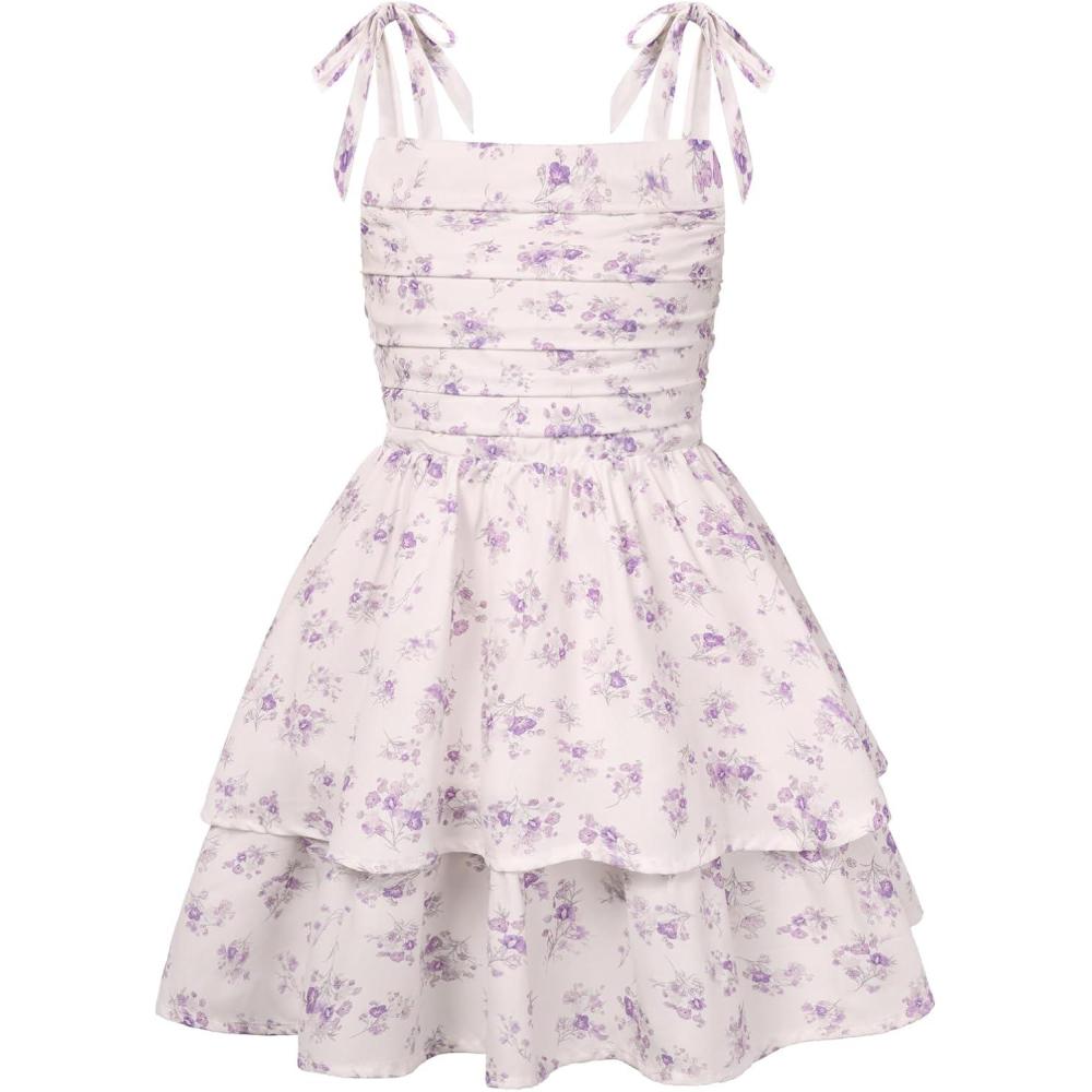 imageGRACE KARIN Girls Floral Smocked Dress Summer Layered Tie Shoulder Bowknot Flowy Dresses for 714 YearsPurple