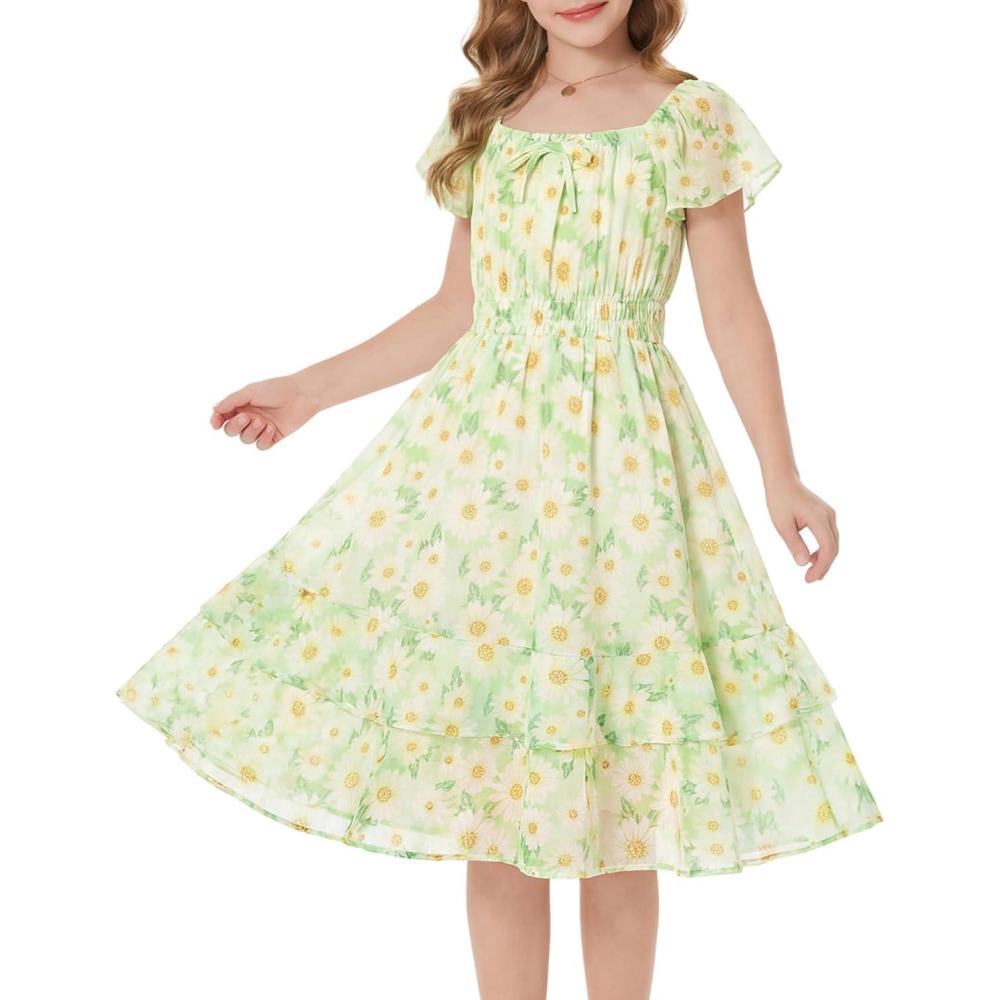imageGRACE KARIN Girls Floral Summer Dress Flutter Sleeve Square Neck Midi Casual Dress for Girl 614YGreen