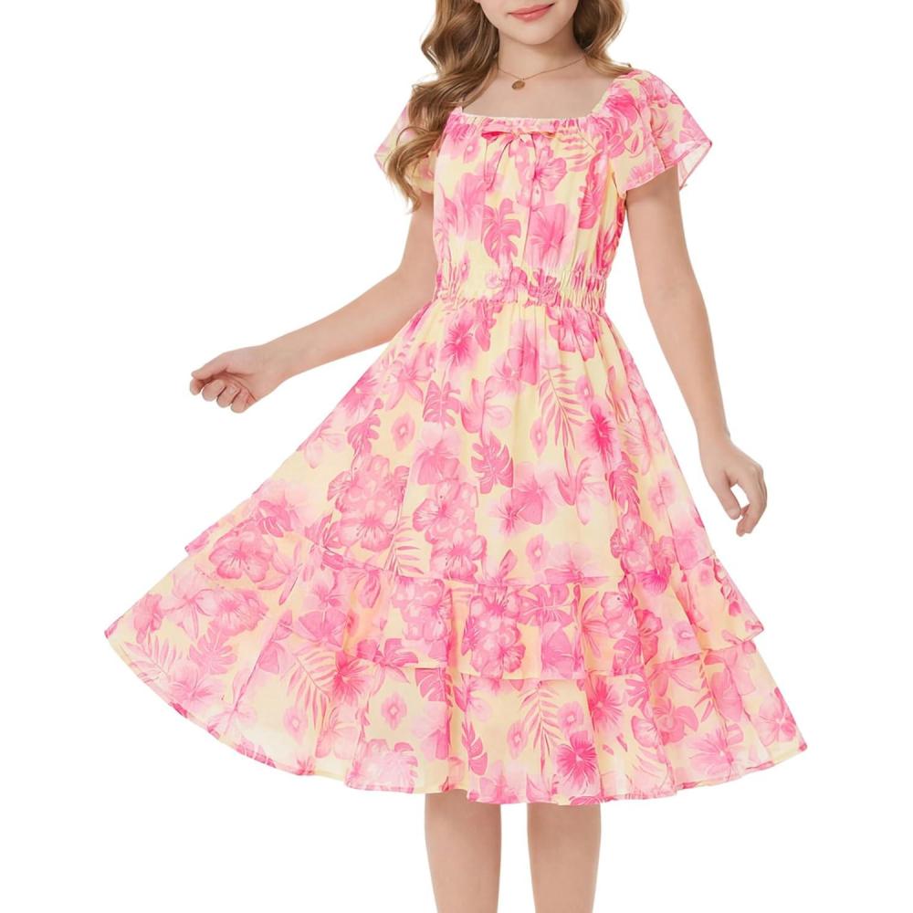 imageGRACE KARIN Girls Floral Summer Dress Flutter Sleeve Square Neck Midi Casual Dress for Girl 614YHot Pink