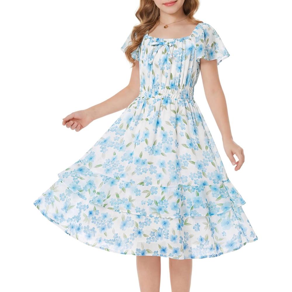 imageGRACE KARIN Girls Floral Summer Dress Flutter Sleeve Square Neck Midi Casual Dress for Girl 614YLight Blue