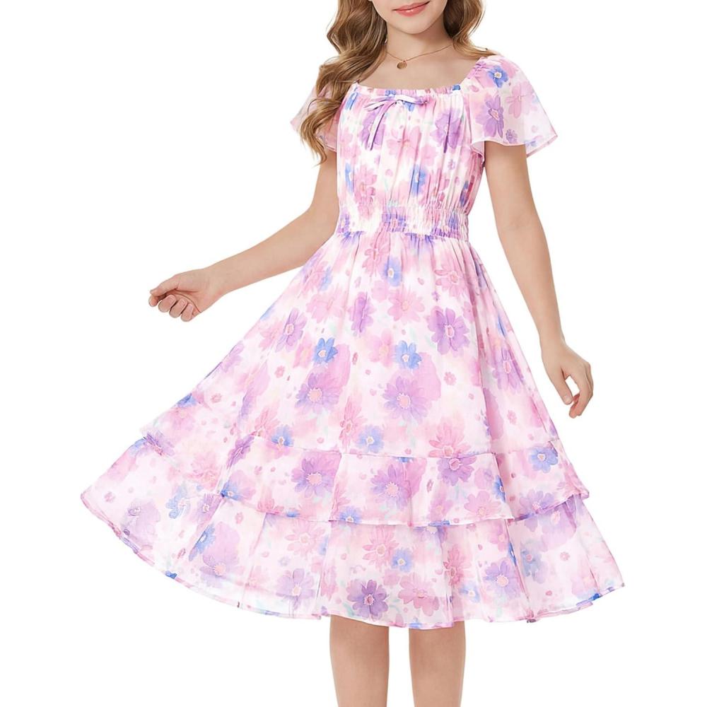 imageGRACE KARIN Girls Floral Summer Dress Flutter Sleeve Square Neck Midi Casual Dress for Girl 614YPurple