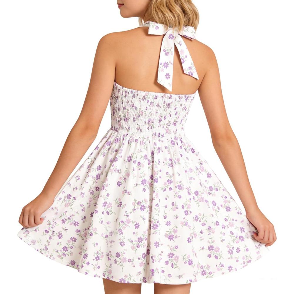 imageGRACE KARIN Girls Floral Summer Dress Spring Holiday Beach Party Sundress Halter Neck Tie Backless Dresses 714 YearsPurple