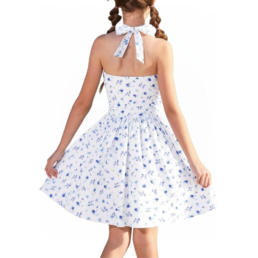 imageGRACE KARIN Girls Floral Summer Dress Spring Holiday Beach Party Sundress Halter Neck Tie Backless Dresses 714 YearsWhite and Blue Floral