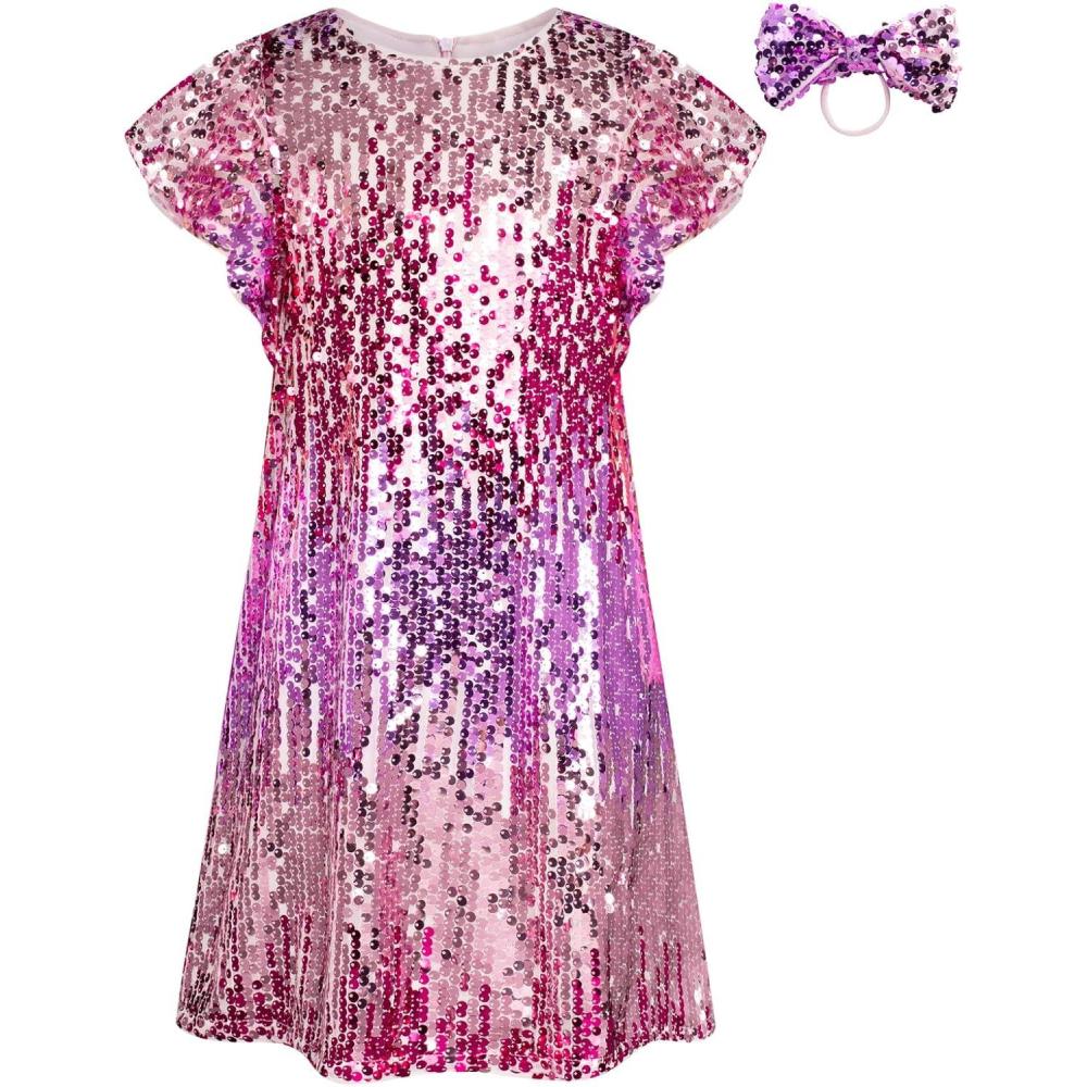 imageGRACE KARIN Girls Flutter Sleeve Sequin Dresses Kids Crew Neck Sparkly Fancy Formal Party Dress with Hairbow 512 YearsLight Purple
