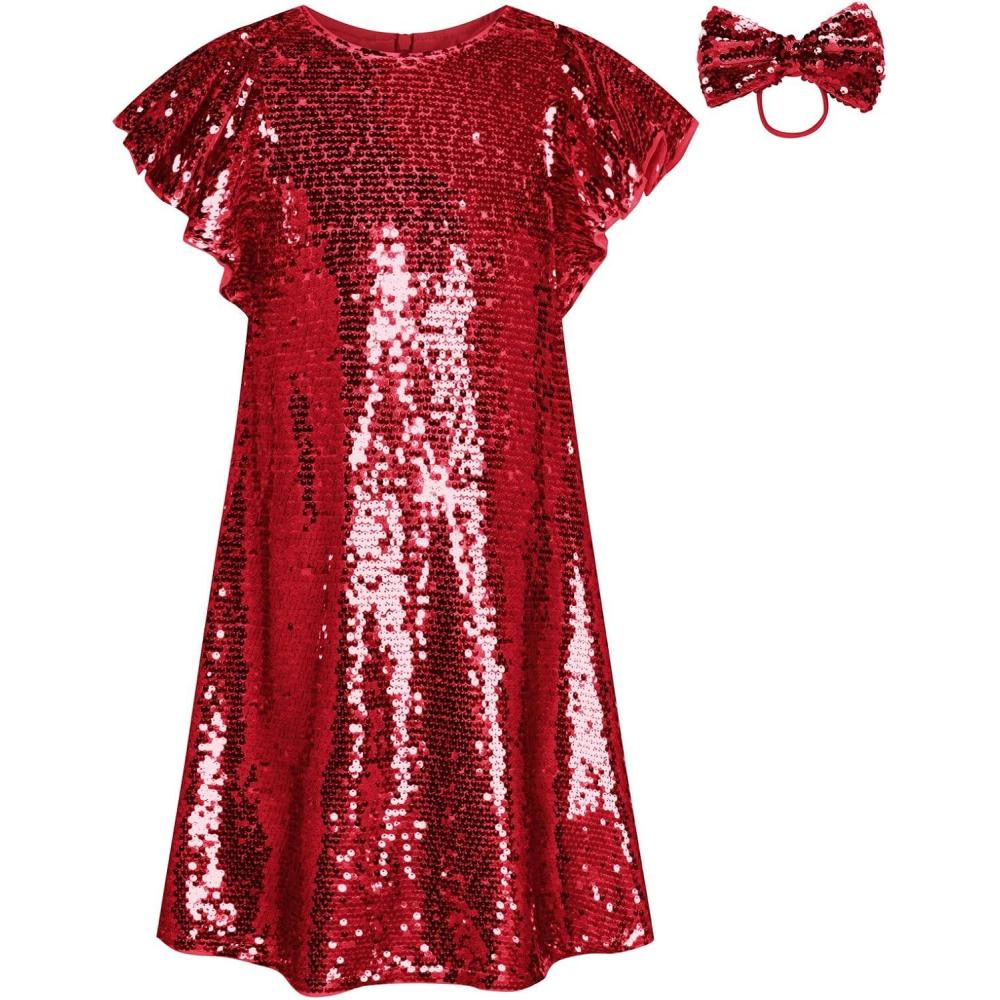 imageGRACE KARIN Girls Flutter Sleeve Sequin Dresses Kids Crew Neck Sparkly Fancy Formal Party Dress with Hairbow 512 YearsRed