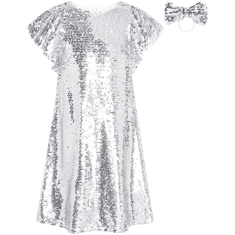 imageGRACE KARIN Girls Flutter Sleeve Sequin Dresses Kids Crew Neck Sparkly Fancy Formal Party Dress with Hairbow 512 YearsSilver