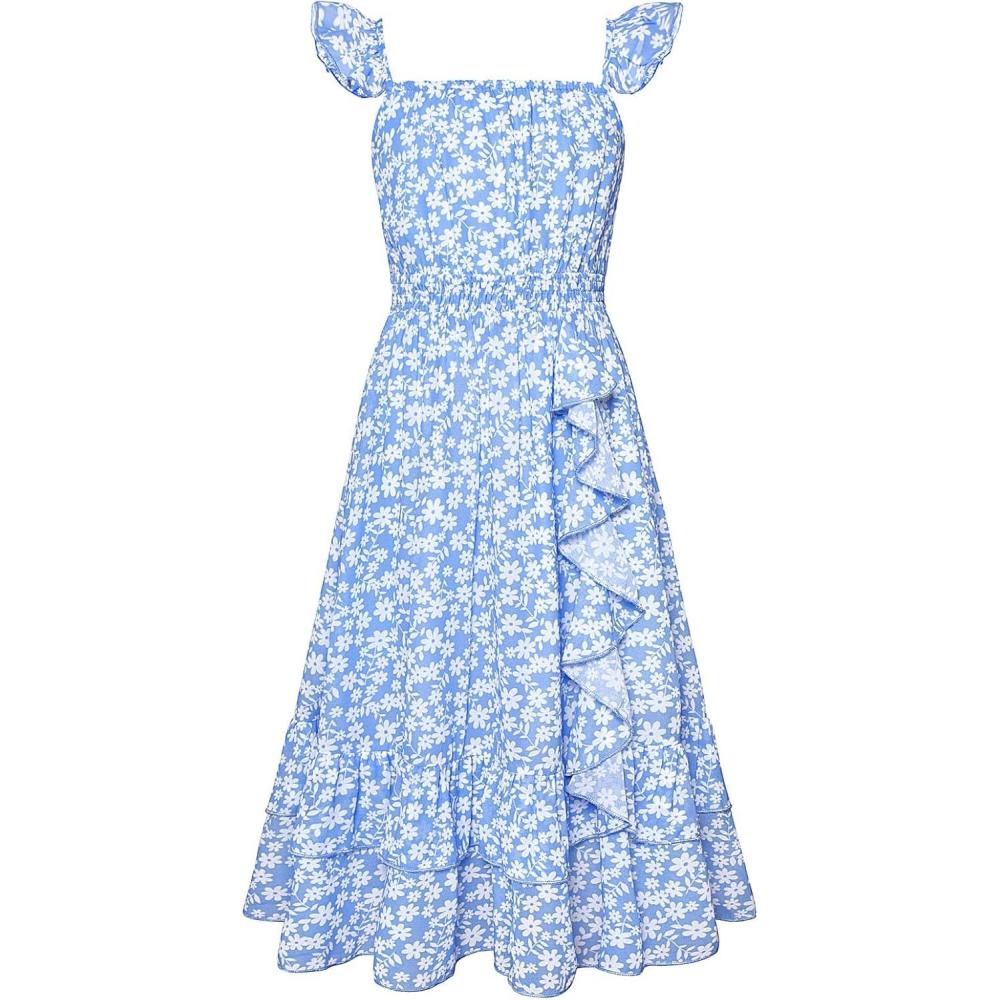 imageGRACE KARIN Girls Flutter Sleeve Smocked Floral Dresses Kids Easter Spring Summer Dress Teen Hawaiian Maxi Long DressesBlue Floral