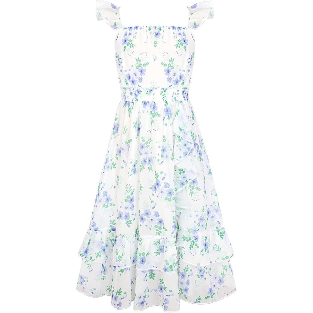 imageGRACE KARIN Girls Flutter Sleeve Smocked Floral Dresses Kids Easter Spring Summer Dress Teen Hawaiian Maxi Long DressesBlue Flower