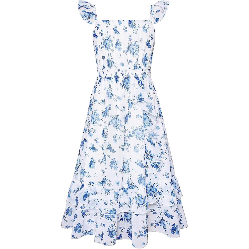 imageGRACE KARIN Girls Flutter Sleeve Smocked Floral Dresses Kids Easter Spring Summer Dress Teen Hawaiian Maxi Long DressesBlue Flowers on White