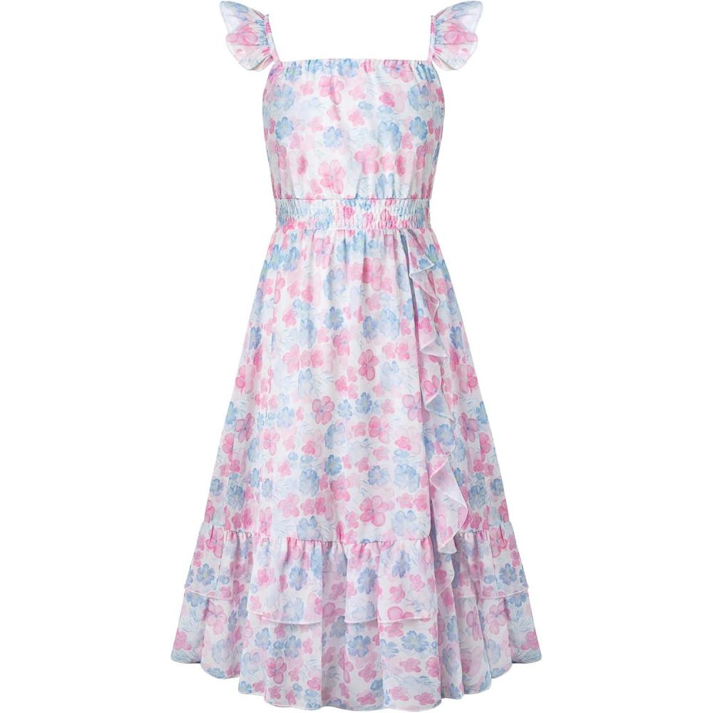 imageGRACE KARIN Girls Flutter Sleeve Smocked Floral Dresses Kids Easter Spring Summer Dress Teen Hawaiian Maxi Long DressesBlue Pink