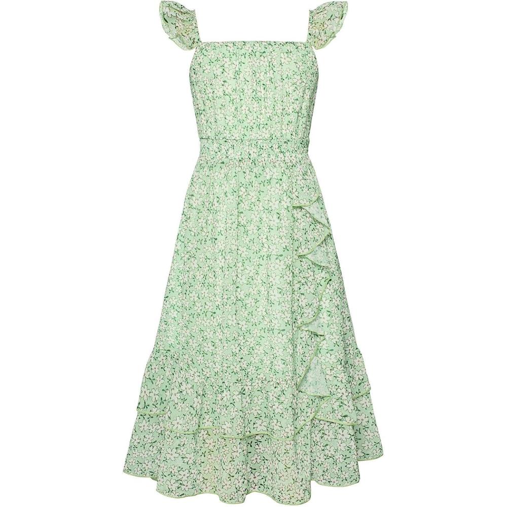 imageGRACE KARIN Girls Flutter Sleeve Smocked Floral Dresses Kids Easter Spring Summer Dress Teen Hawaiian Maxi Long DressesGreen Floral