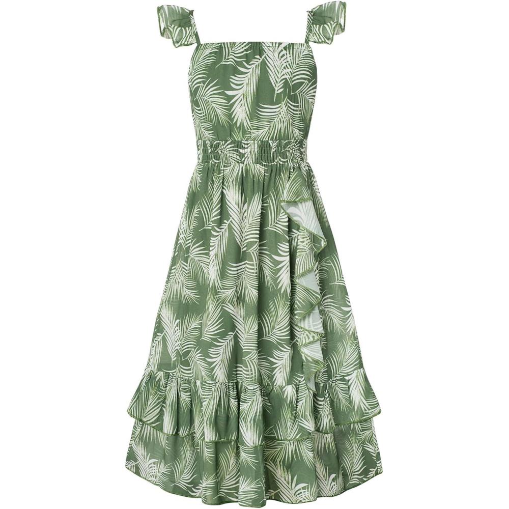 imageGRACE KARIN Girls Flutter Sleeve Smocked Floral Dresses Kids Easter Spring Summer Dress Teen Hawaiian Maxi Long DressesGreen Leaves