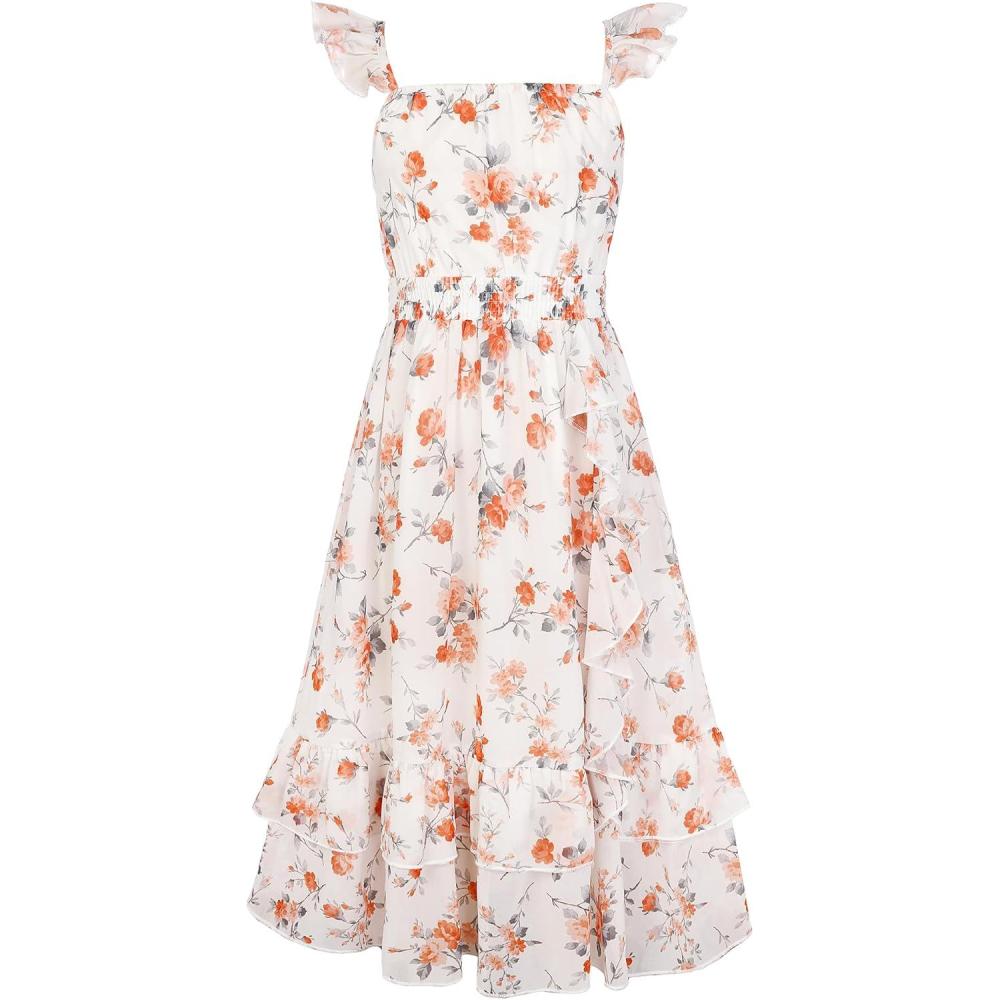 imageGRACE KARIN Girls Flutter Sleeve Smocked Floral Dresses Kids Easter Spring Summer Dress Teen Hawaiian Maxi Long DressesOrange Floral