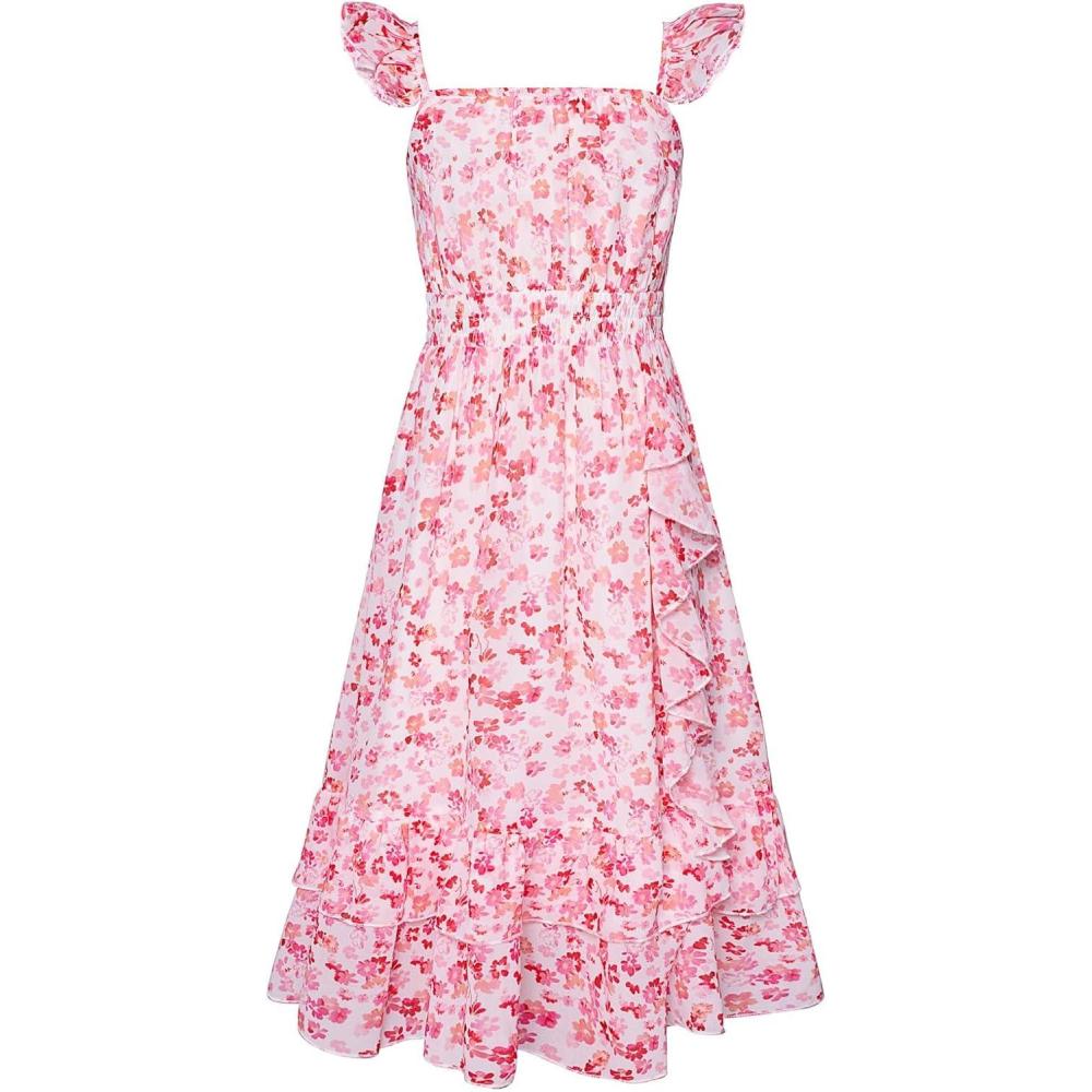 imageGRACE KARIN Girls Flutter Sleeve Smocked Floral Dresses Kids Easter Spring Summer Dress Teen Hawaiian Maxi Long DressesPink Floral