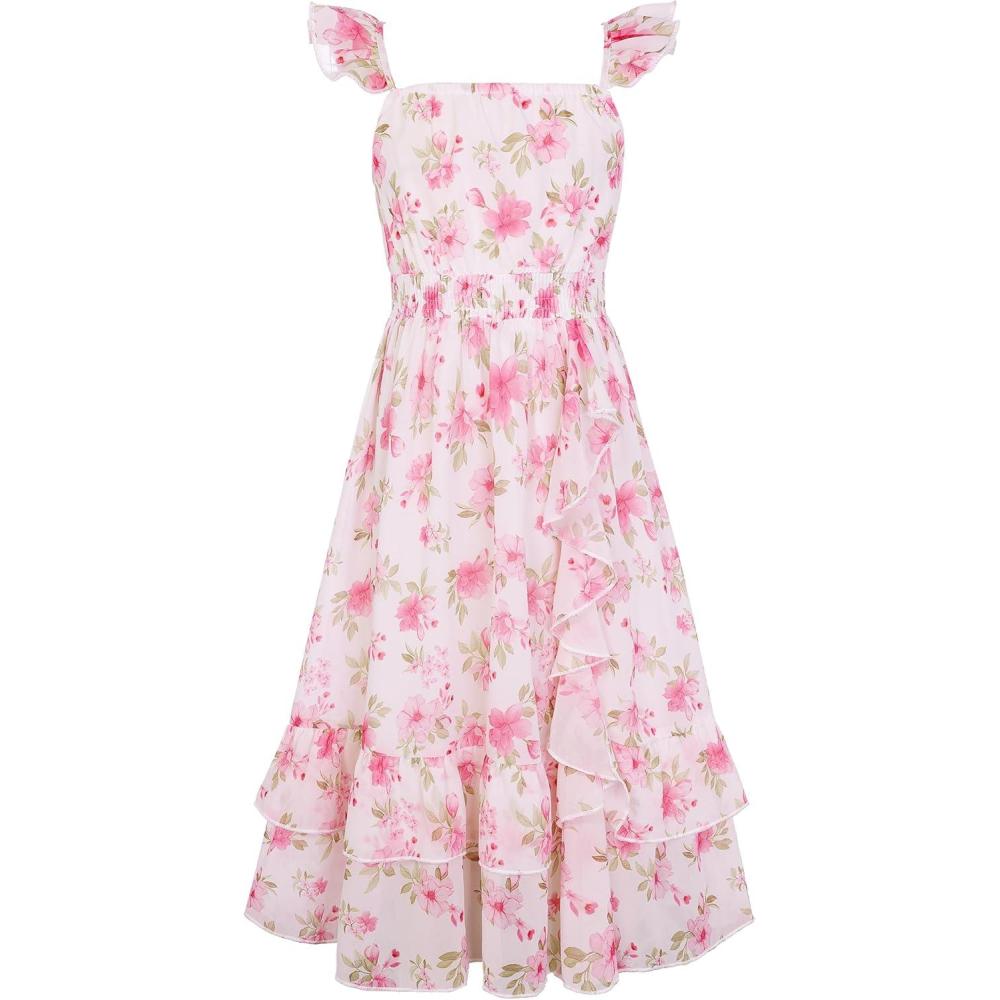 imageGRACE KARIN Girls Flutter Sleeve Smocked Floral Dresses Kids Easter Spring Summer Dress Teen Hawaiian Maxi Long DressesPink Flower