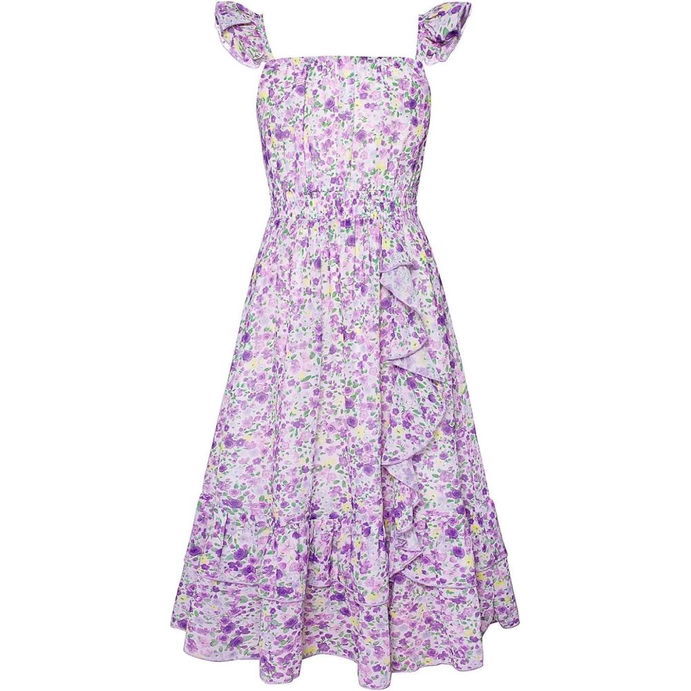 imageGRACE KARIN Girls Flutter Sleeve Smocked Floral Dresses Kids Easter Spring Summer Dress Teen Hawaiian Maxi Long DressesPurple Floral