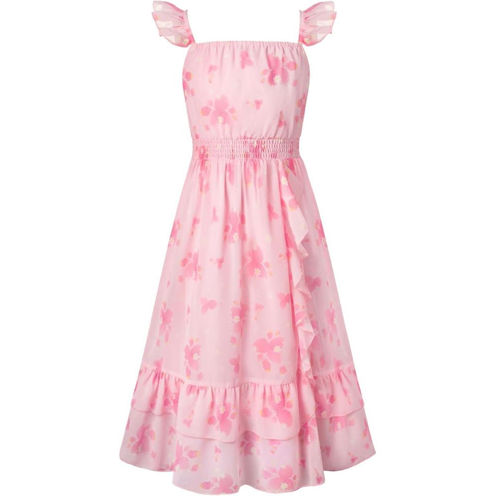 imageGRACE KARIN Girls Flutter Sleeve Smocked Floral Dresses Kids Easter Spring Summer Dress Teen Hawaiian Maxi Long DressesRose Pink Floral