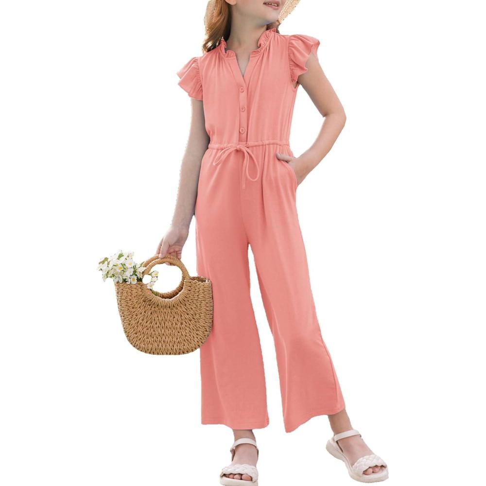 imageGRACE KARIN Girls Jumpsuit Fashion Ruffle Sleeve Drastring Waist Button Front Romper Kids Summer Outfit Size 614Leather Pink