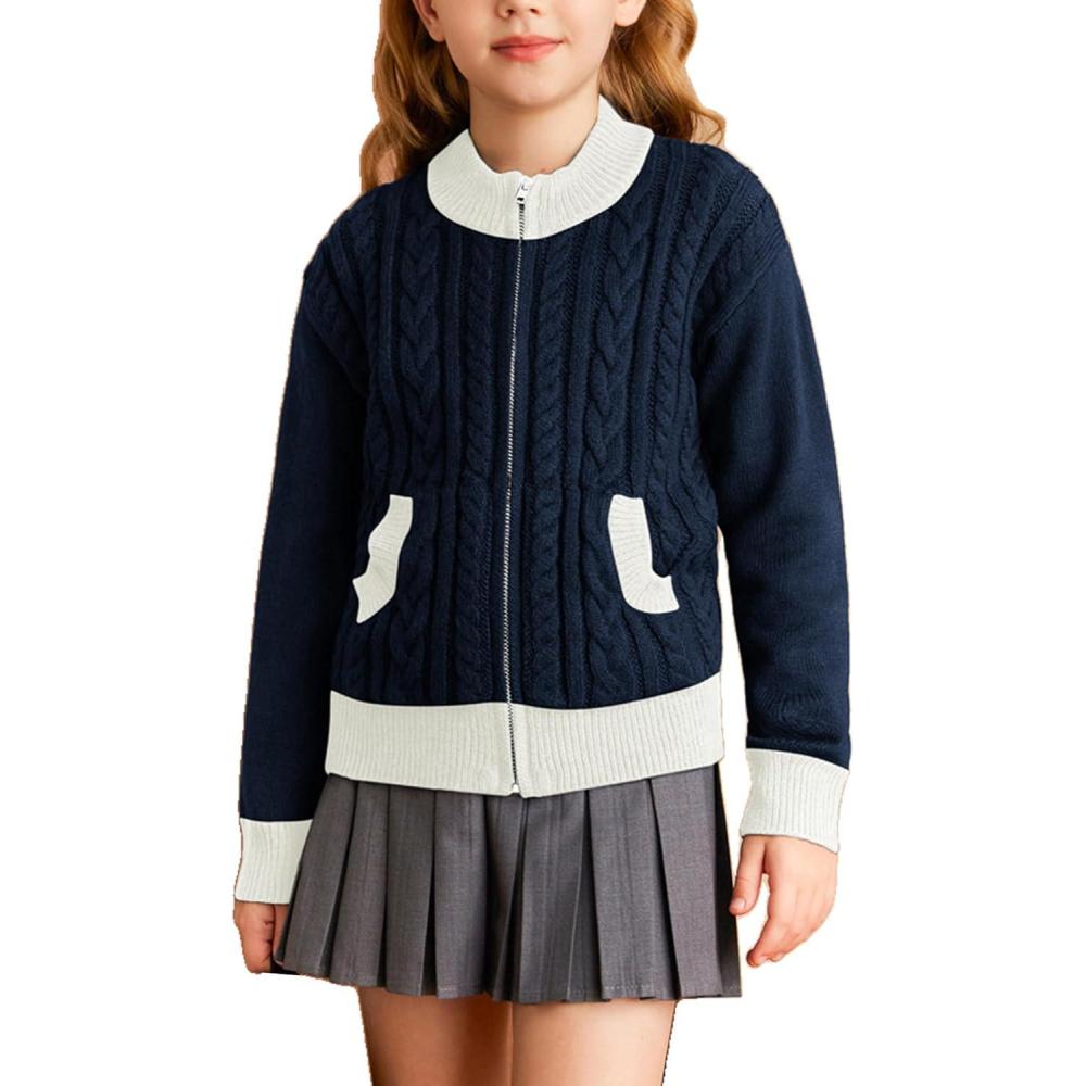 imageGRACE KARIN Girls Knit Cardigan Sweater Zip Long Sleeve Kids School Uniform Fall Jacket Size 614Bluewhite