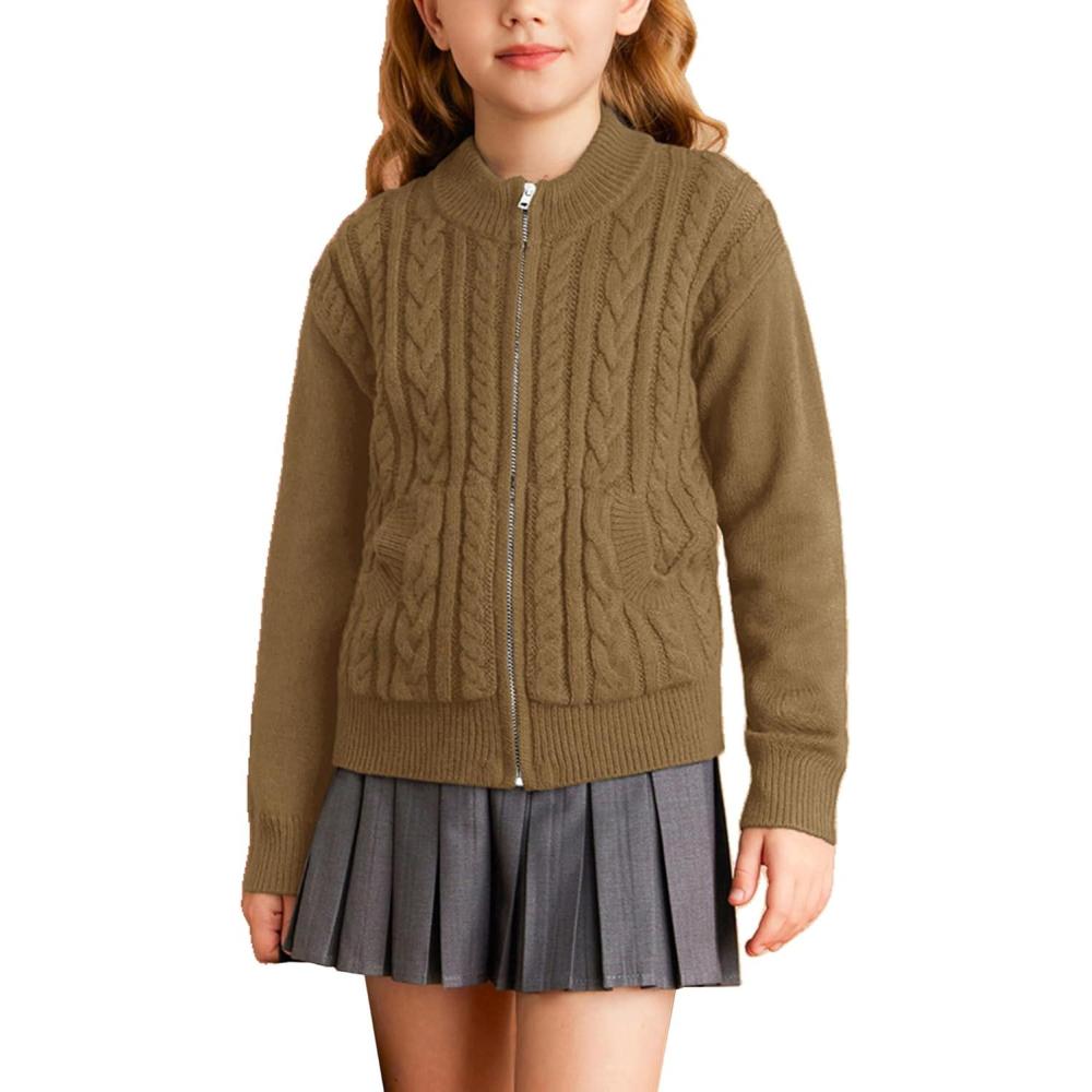 imageGRACE KARIN Girls Knit Cardigan Sweater Zip Long Sleeve Kids School Uniform Fall Jacket Size 614Brown