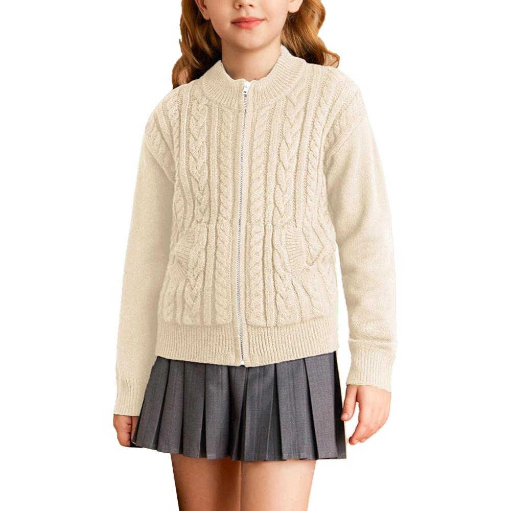 imageGRACE KARIN Girls Knit Cardigan Sweater Zip Long Sleeve Kids School Uniform Fall Jacket Size 614Cream