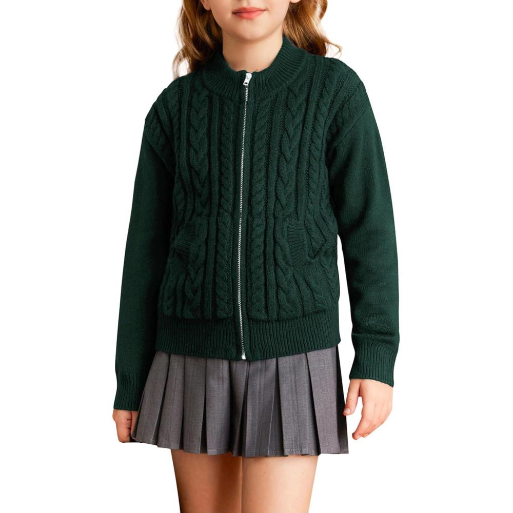imageGRACE KARIN Girls Knit Cardigan Sweater Zip Long Sleeve Kids School Uniform Fall Jacket Size 614Deep Green