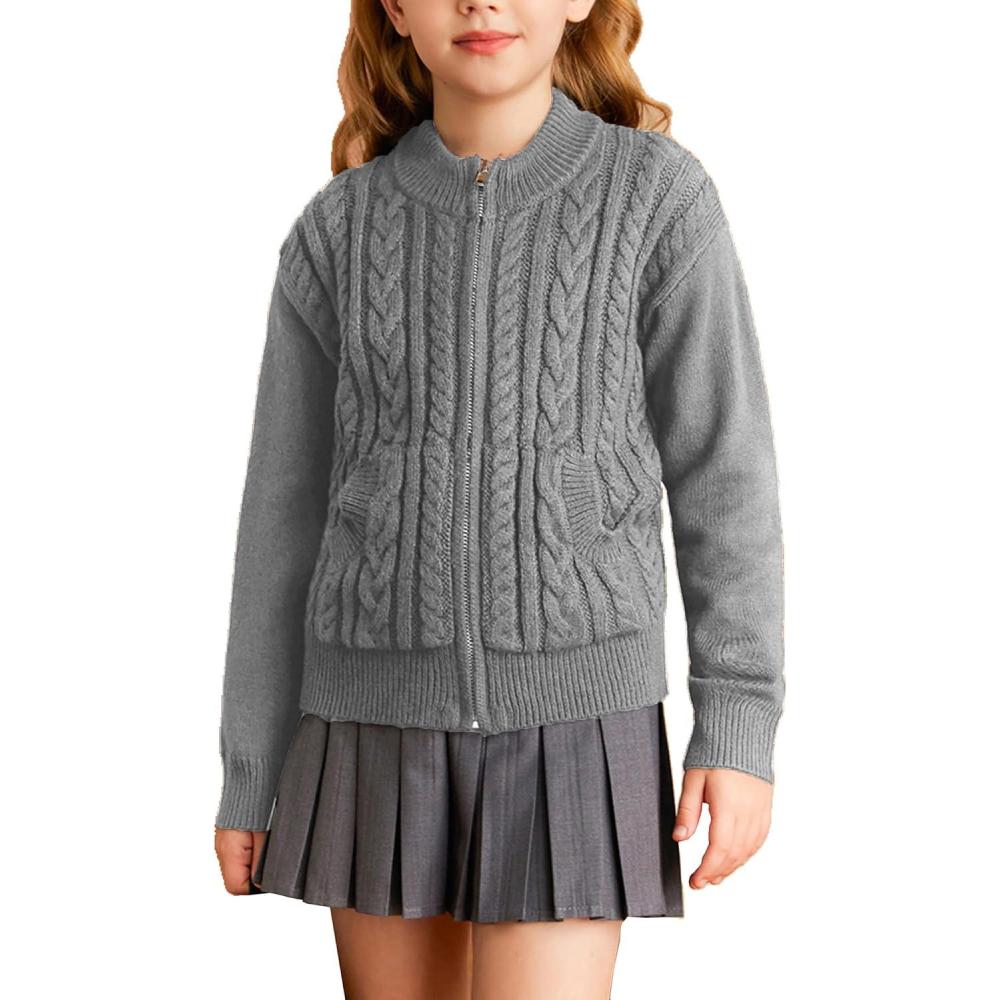imageGRACE KARIN Girls Knit Cardigan Sweater Zip Long Sleeve Kids School Uniform Fall Jacket Size 614Grey
