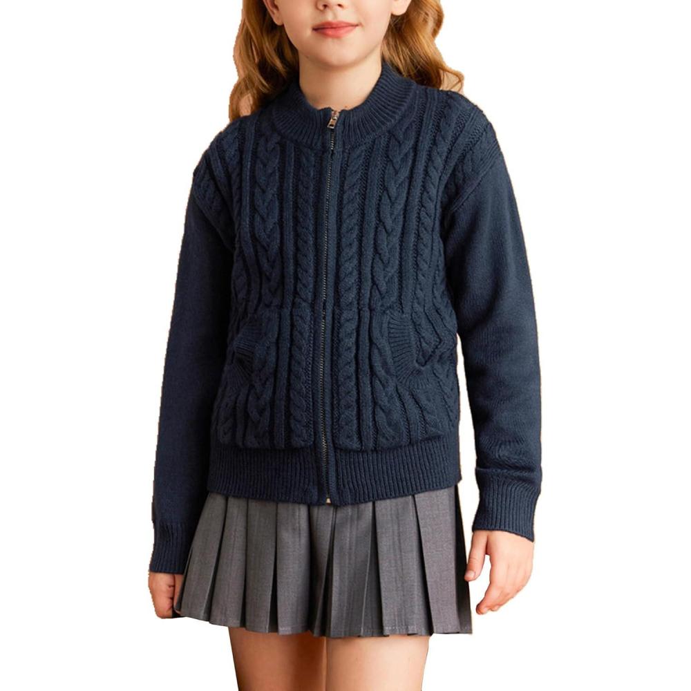 imageGRACE KARIN Girls Knit Cardigan Sweater Zip Long Sleeve Kids School Uniform Fall Jacket Size 614Navy Blue