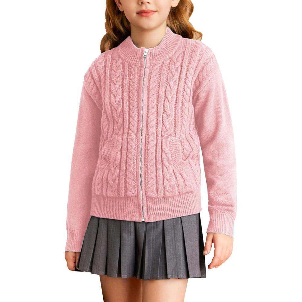 imageGRACE KARIN Girls Knit Cardigan Sweater Zip Long Sleeve Kids School Uniform Fall Jacket Size 614Pink