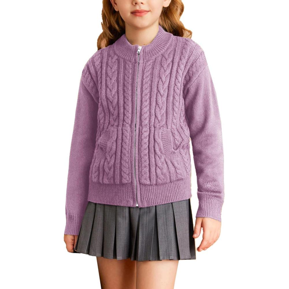 imageGRACE KARIN Girls Knit Cardigan Sweater Zip Long Sleeve Kids School Uniform Fall Jacket Size 614Purple