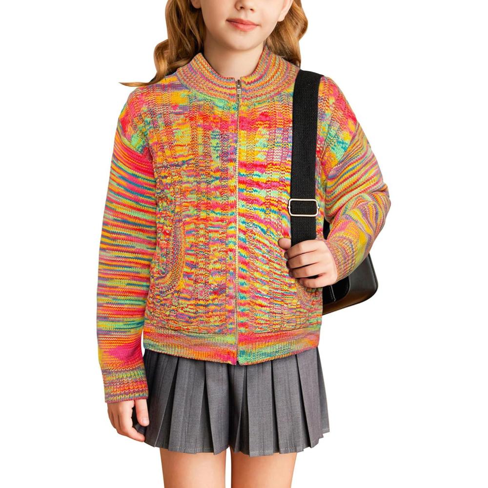 imageGRACE KARIN Girls Knit Cardigan Sweater Zip Long Sleeve Kids School Uniform Fall Jacket Size 614Rainbow