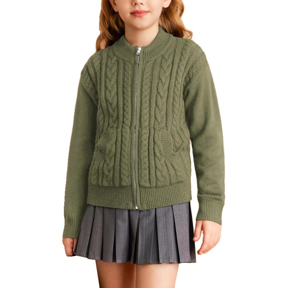 imageGRACE KARIN Girls Knit Cardigan Sweater Zip Long Sleeve Kids School Uniform Fall Jacket Size 614Tea Green
