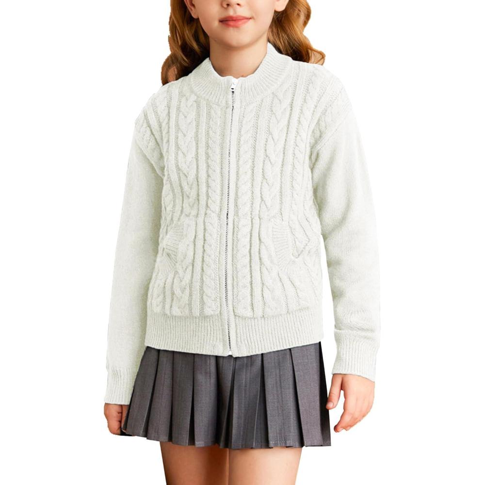 imageGRACE KARIN Girls Knit Cardigan Sweater Zip Long Sleeve Kids School Uniform Fall Jacket Size 614White