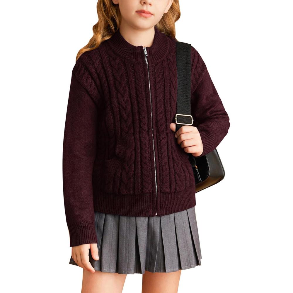 imageGRACE KARIN Girls Knit Cardigan Sweater Zip Long Sleeve Kids School Uniform Fall Jacket Size 614Wine Red