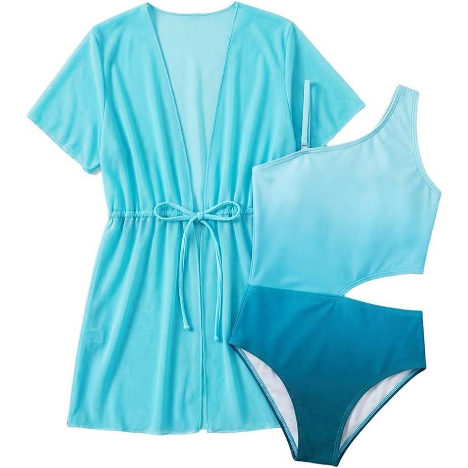 imageGRACE KARIN Girls One Piece One Shoulder Swimsuits Kids Cutout Waist Bathing Suits with Kimono Contrast Color Swimwear 614Green