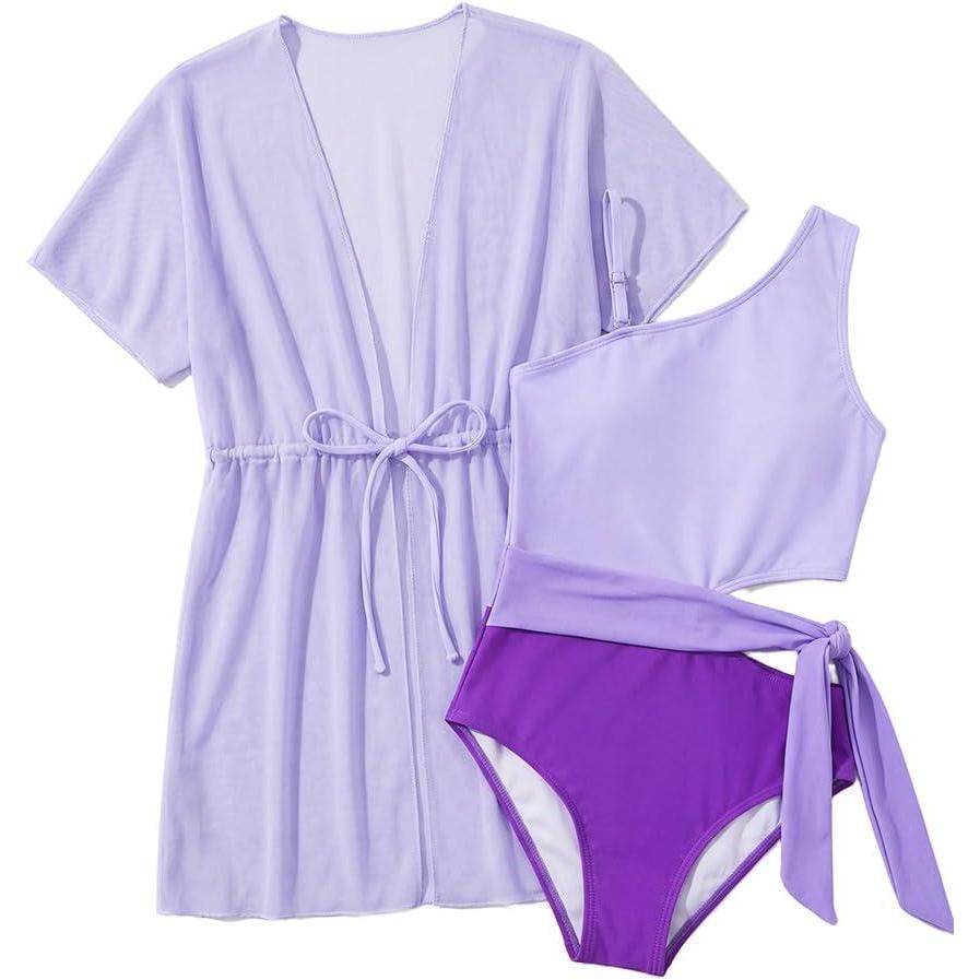 imageGRACE KARIN Girls One Piece One Shoulder Swimsuits Kids Cutout Waist Bathing Suits with Kimono Contrast Color Swimwear 614Purple