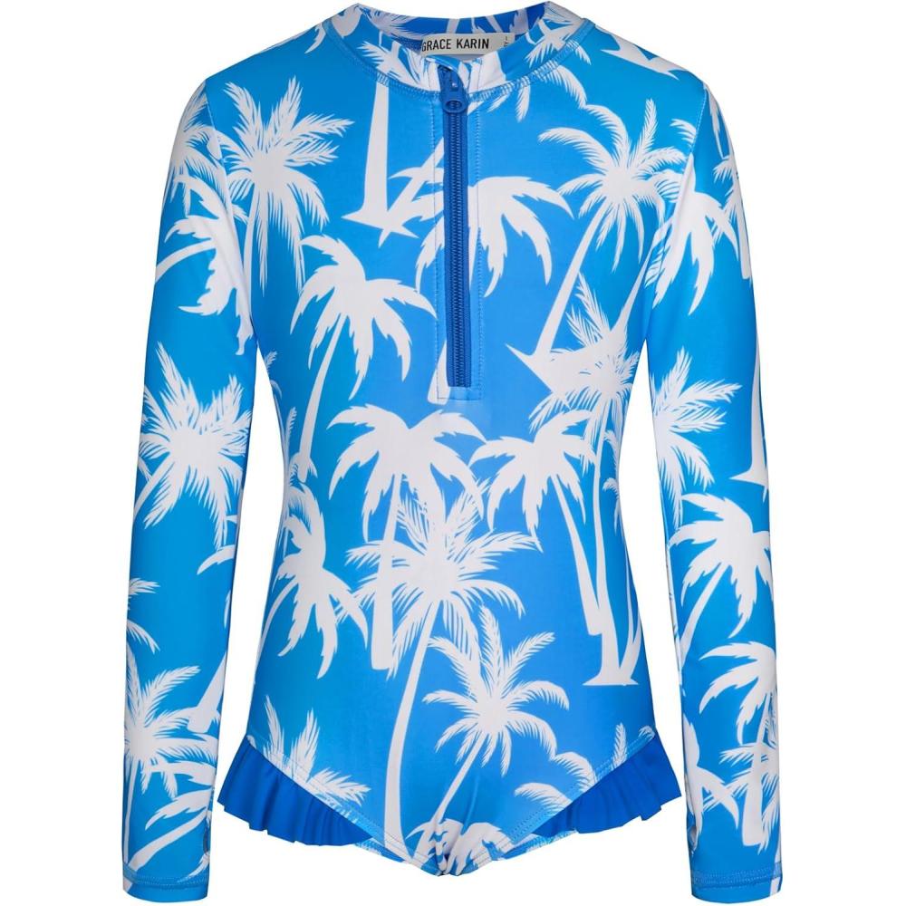imageGRACE KARIN Girls One Piece Swimsuits Long Sleeve Bathing Suits Swimwear 514YBlue Coconut Tree
