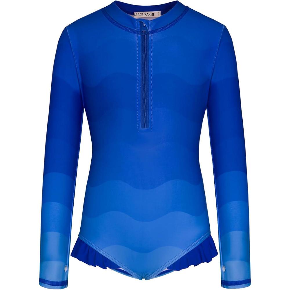 imageGRACE KARIN Girls One Piece Swimsuits Long Sleeve Bathing Suits Swimwear 514YBlue Gradient