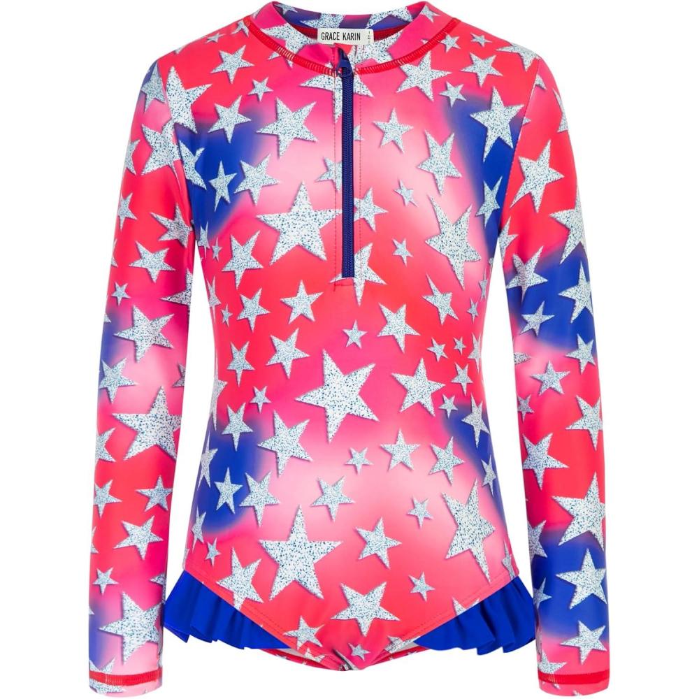 imageGRACE KARIN Girls One Piece Swimsuits Long Sleeve Bathing Suits Swimwear 514YBlue Red Stars