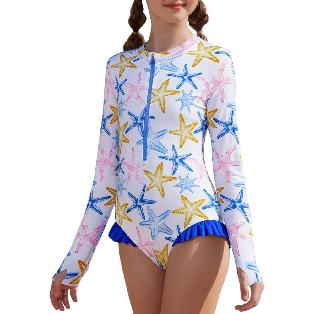 imageGRACE KARIN Girls One Piece Swimsuits Long Sleeve Bathing Suits Swimwear 514YColorful Starfish