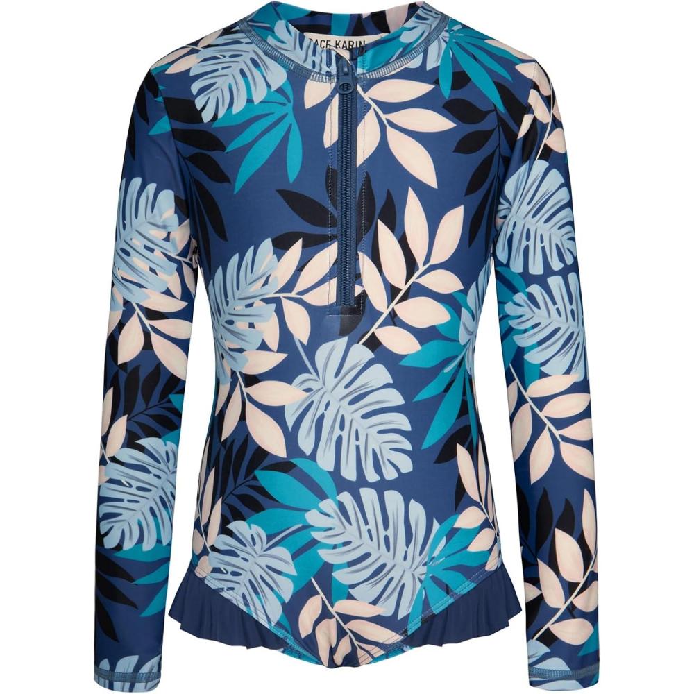 imageGRACE KARIN Girls One Piece Swimsuits Long Sleeve Bathing Suits Swimwear 514YDark Blue Palm Leaves