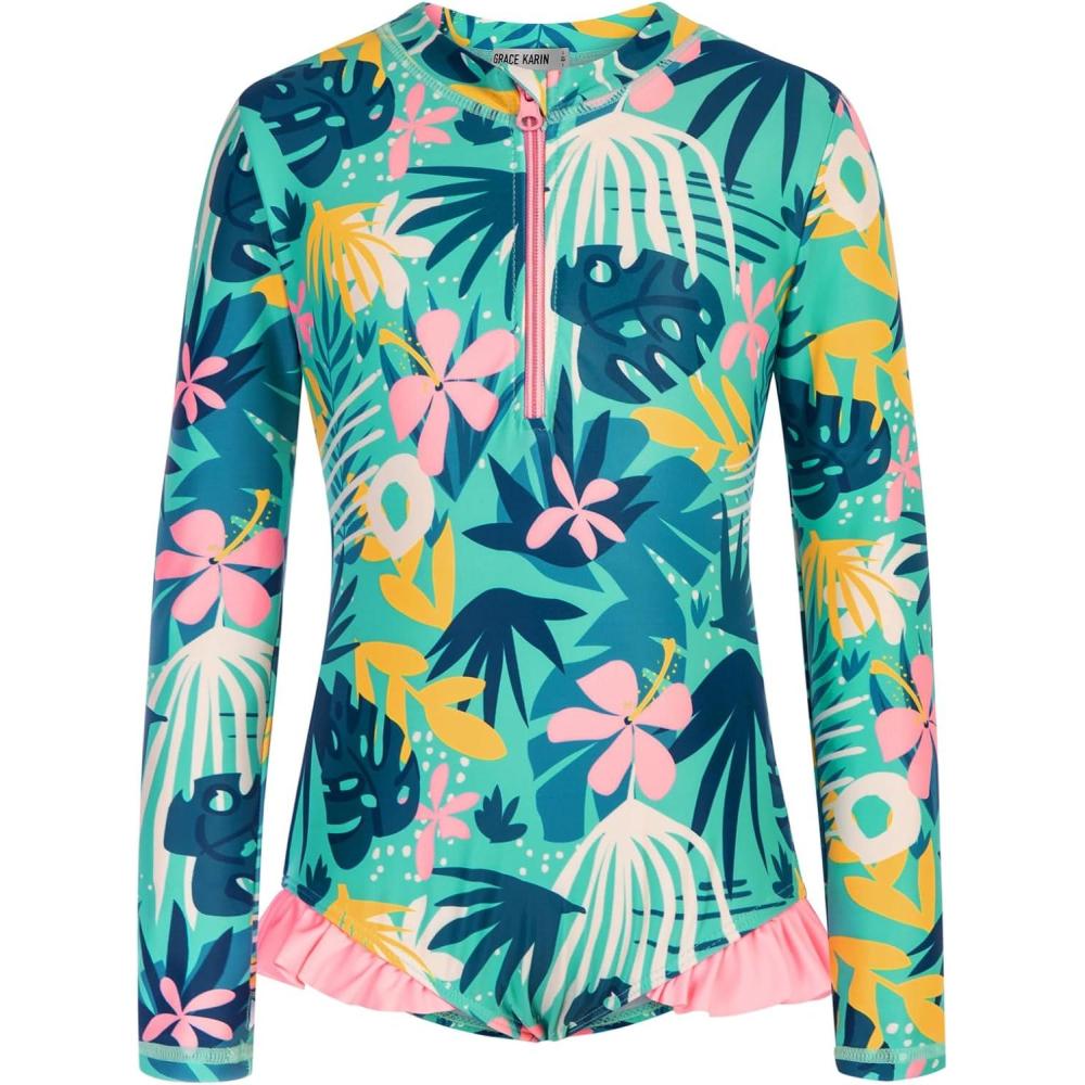 imageGRACE KARIN Girls One Piece Swimsuits Long Sleeve Bathing Suits Swimwear 514YGreen Pink Floral