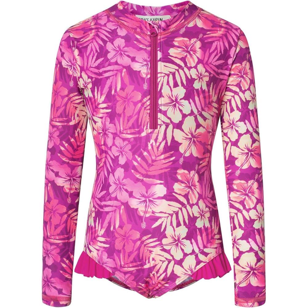 imageGRACE KARIN Girls One Piece Swimsuits Long Sleeve Bathing Suits Swimwear 514YHot Pink Floral