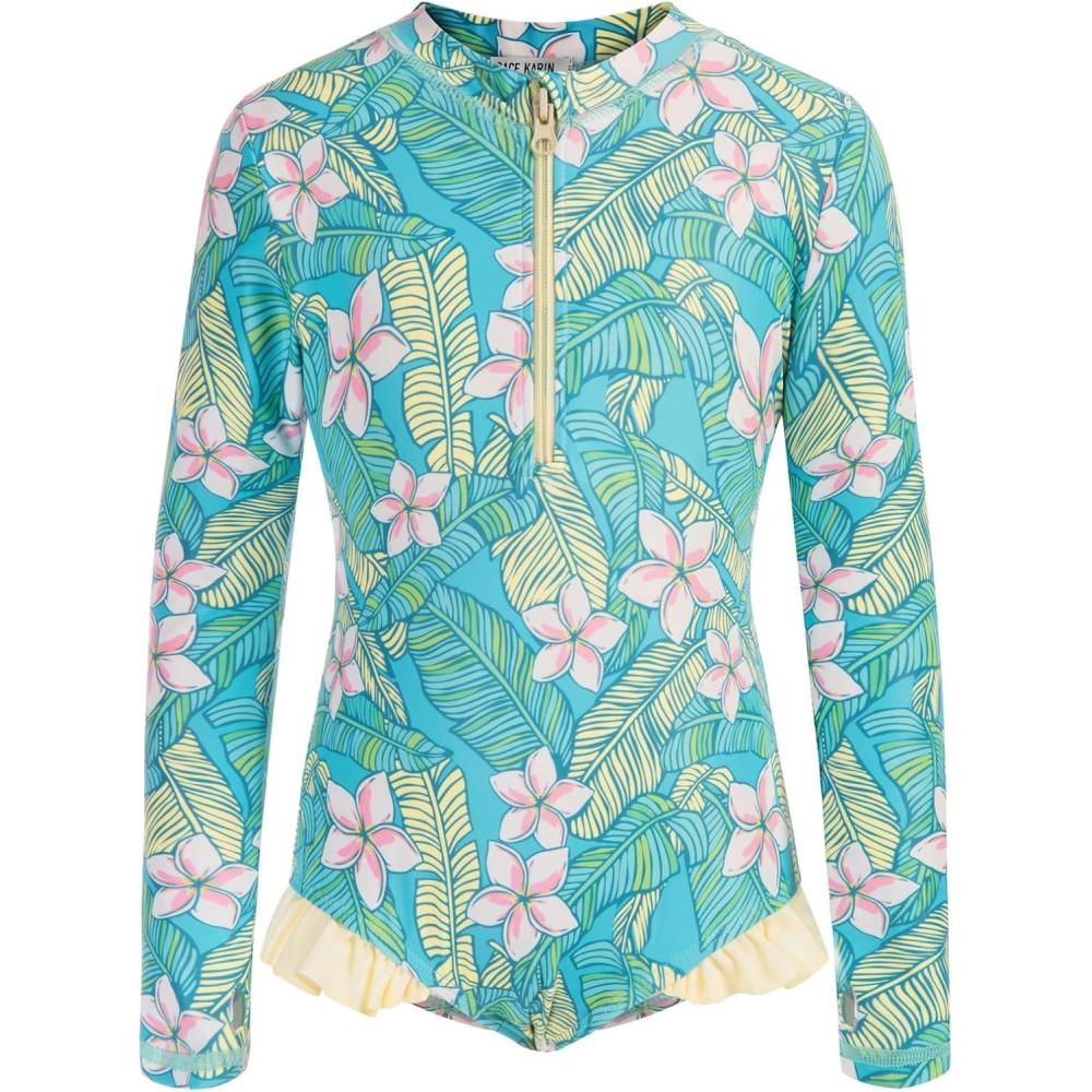 imageGRACE KARIN Girls One Piece Swimsuits Long Sleeve Bathing Suits Swimwear 514YLight Green Floral