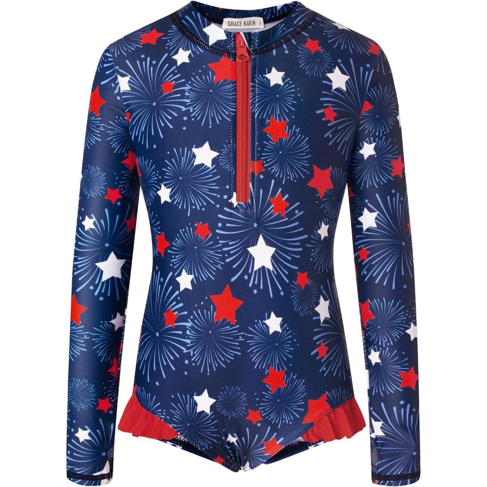 imageGRACE KARIN Girls One Piece Swimsuits Long Sleeve Bathing Suits Swimwear 514YNavy Blue Stars