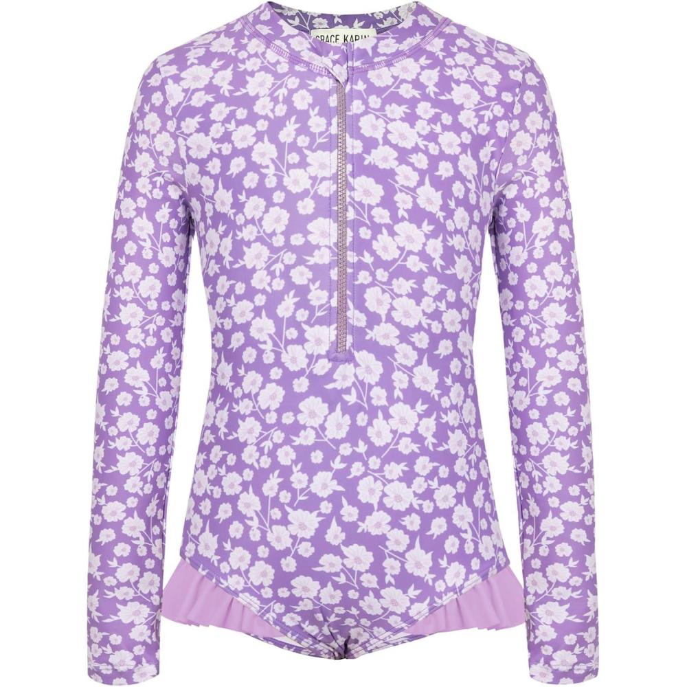 imageGRACE KARIN Girls One Piece Swimsuits Long Sleeve Bathing Suits Swimwear 514YPurple Daisy