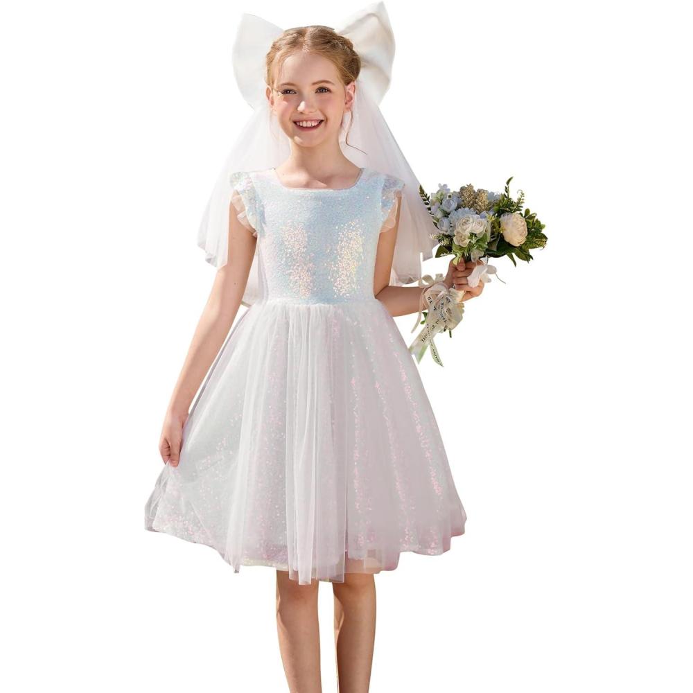 imageGRACE KARIN Girls Party Sequin Dress Size 612Y Kids Birthday Dance Formal Sparkly Dresses Wedding Flower Girl DressShiny White