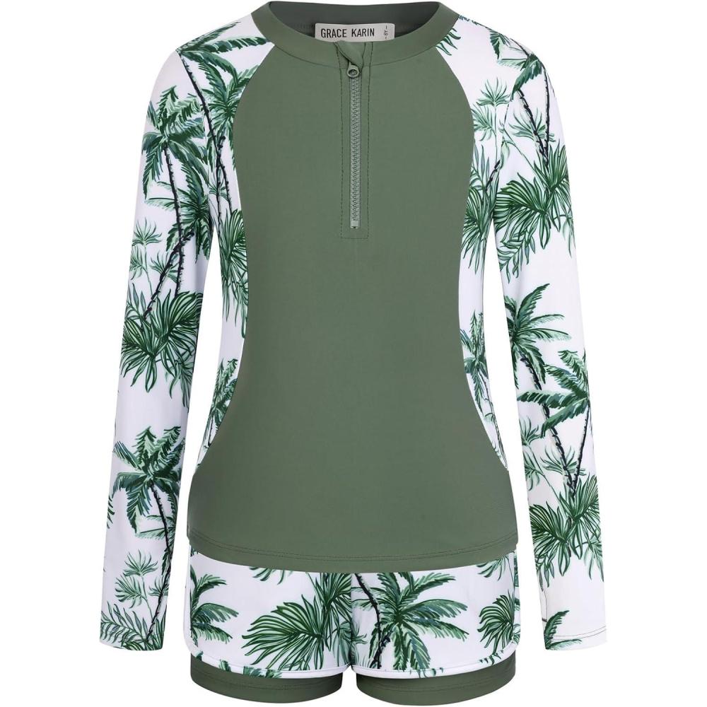 imageGRACE KARIN Girls Rash Guard Swimsuits 2 Piece Long Sleeve Bathing Suit UPF 50 Summer Swimwear Size 612YGreen Coconut Tree