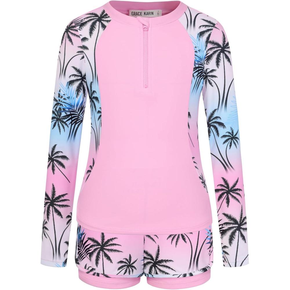 imageGRACE KARIN Girls Rash Guard Swimsuits 2 Piece Long Sleeve Bathing Suit UPF 50 Summer Swimwear Size 612YPink Coconut Tree
